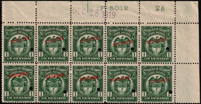 ✔️ COLOMBIA 1917 FISCAL REVENUE x 10 PUNCH & SPECIMEN ABNC Mi. ST7 MNH ** [6.3]