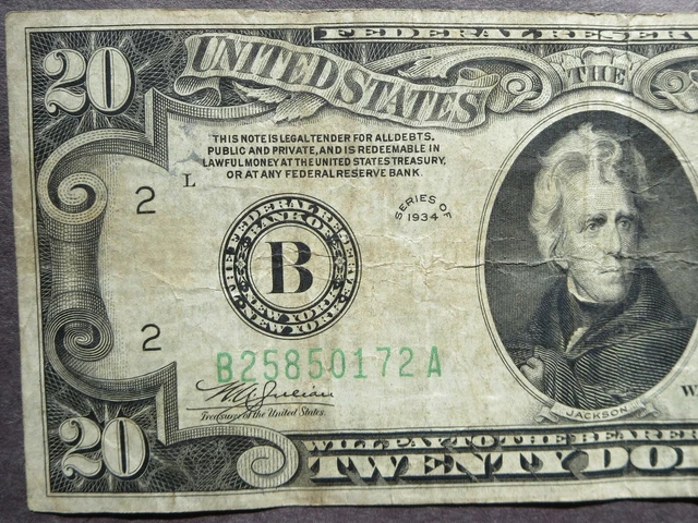 $20 1934 federal reserve note B New York  22-201
