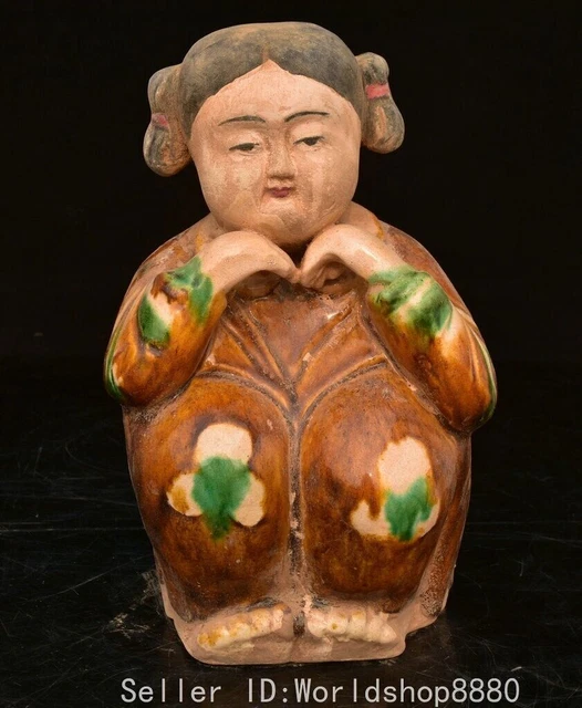 8.4" Old China Tang Sancai Pottery Fengshui Tongzi Girl Crouch Statue Sculpture