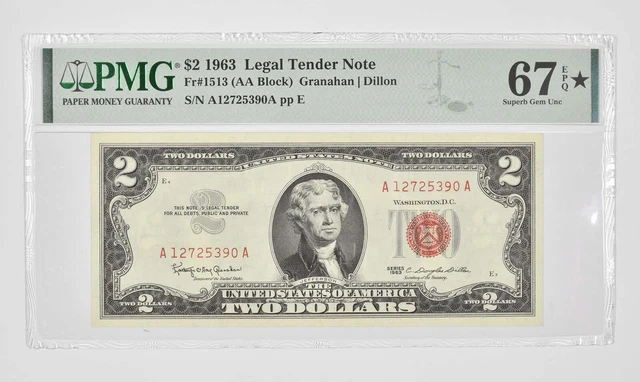 $2 1963 US Legal Tender Note Red Seal PMG 67 EPQ STAR Fr# 1513 (AA Block) *0945