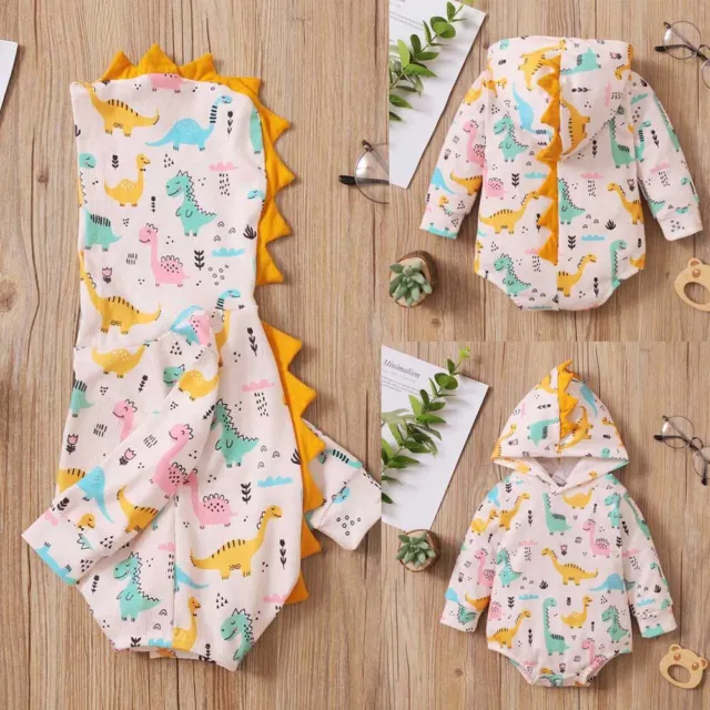 Newborn Baby Boy Girl Hooded Clothes Dinosaur Jumpsuit Romper Bodysuit Outfits
