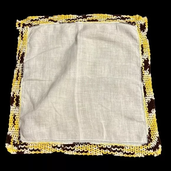 Vintage Handkerchief White Crochet Yellow Brown Edge Cotton Simple Hankie