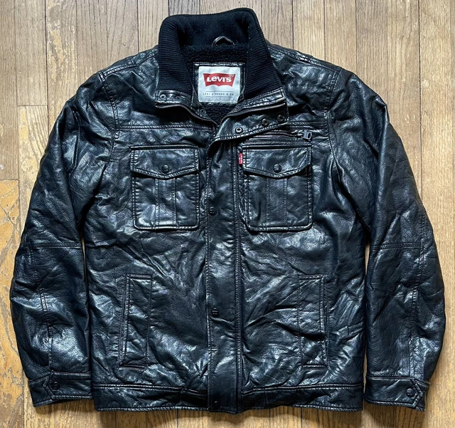 Levis Strauss Jacket Faux Leather Black Sherpa Lined Trucker Mens Size Small