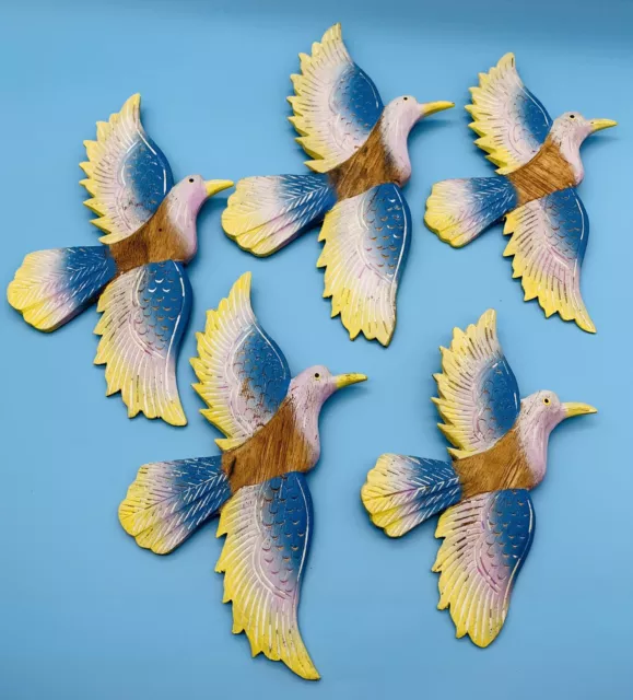 Set Of 5 Vintage Thai Art Wooden Flying Birds Wall Art Hand Carved Painted Aged