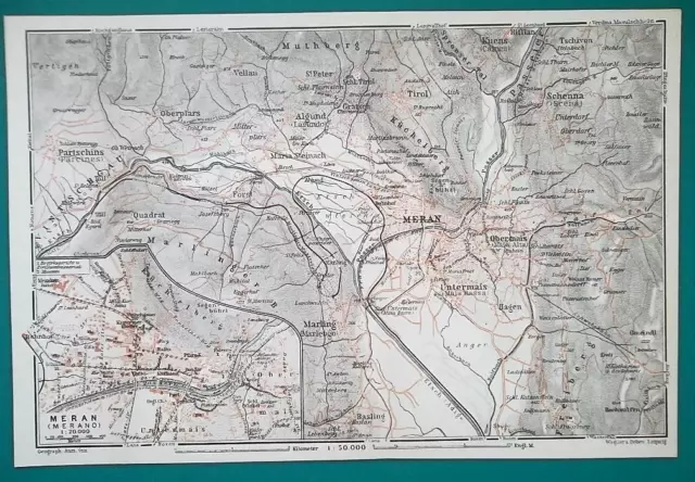 1931 BAEDEKER MAP - Italy MERAN MERANO City Plan & Environs + Railroads