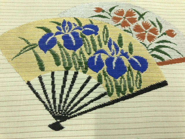 6537671: Japanese Kimono / Antique Summer Nagoya Obi / Woven Fan With Flower