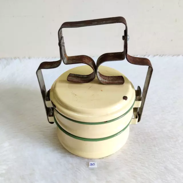 1930s Vintage Light Green Painted Enamel Tiffin Box Decorative Enamelware 210