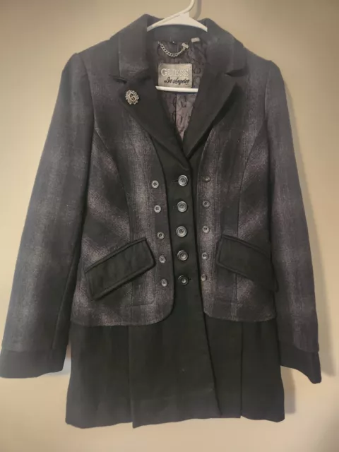 Guess Jacket Womens Medium Pea Coat Black Gray Plaid Wool Blend Steampunk Goth