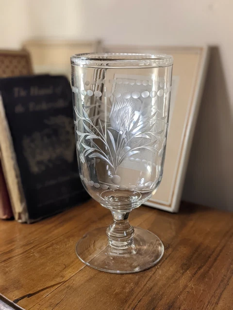 ANTIQUE VICTORIAN ETCHED Flint Glass Reeds & Grass Footed Celery Vase c ...