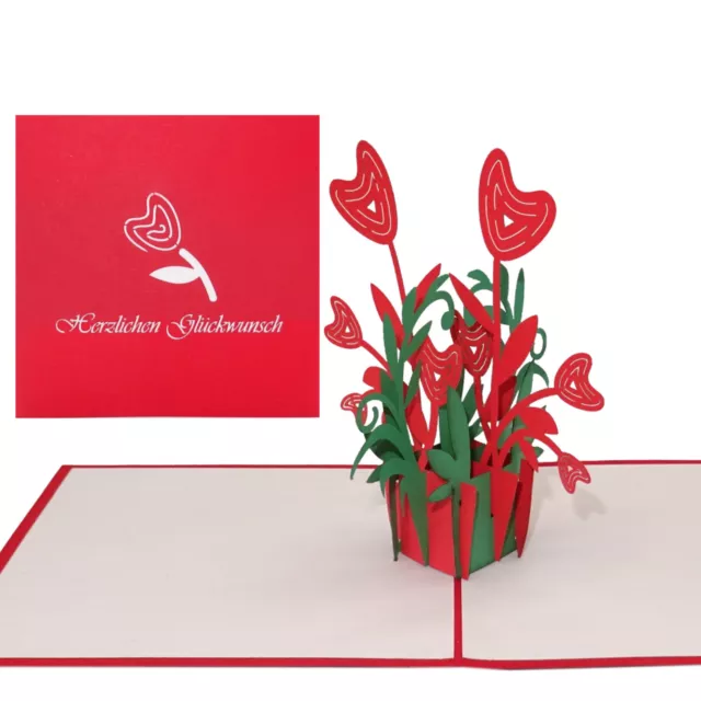 Pop Up Karte "Blumenbouquet & Herzblüten" 3D  Geburtstagskarte, Glückwunschkarte