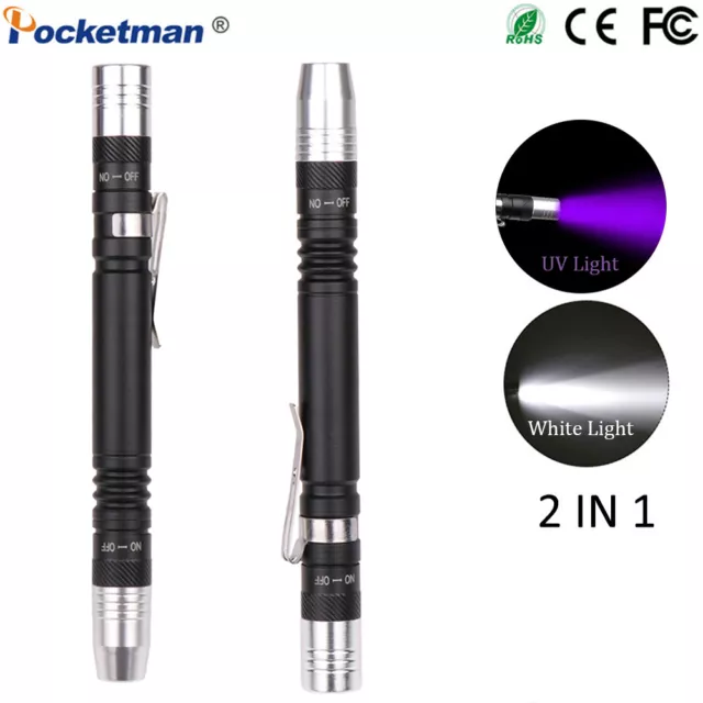 2-In-1 UV +Weiß Licht Mini Stift Licht UV LED 395nm Taschenlampe Detektor