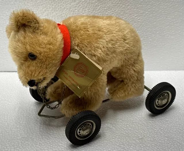 Vintage Gebr. Hermann Blond Teddy Bear On Wheeled Kart withTags