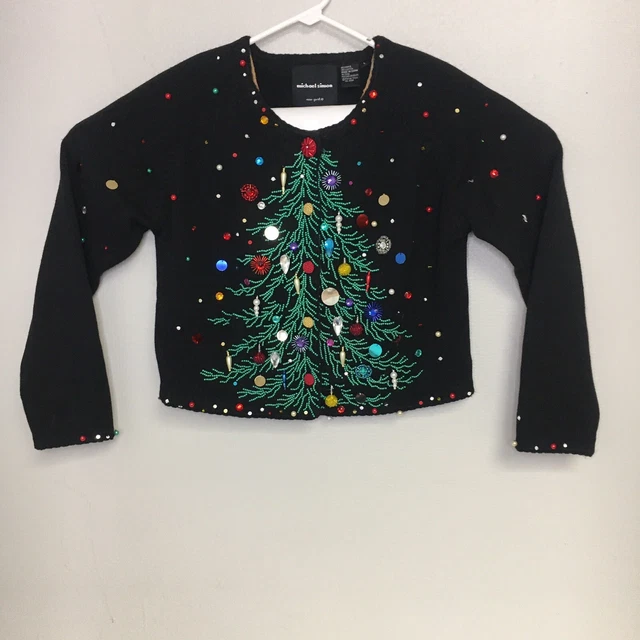 Vintage Michael Simon Sweater Size S Christmas Cardigan Beaded Christmas Tree