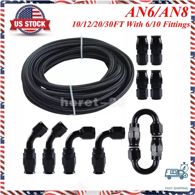 6AN-8AN Black Nylon E85 PTFE Fuel Line 10/12/20/30FT w/6 or 10 Fittings Hose Kit