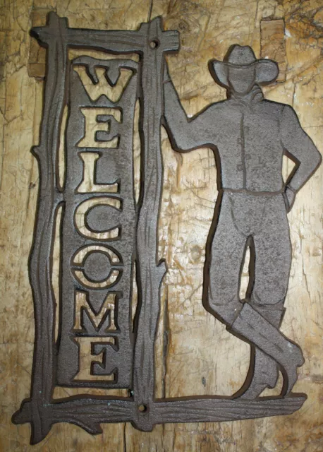 Cast Iron COWBOY WELCOME Sign Wall Plaque Home Wall Decor Rustic Ranch Western
