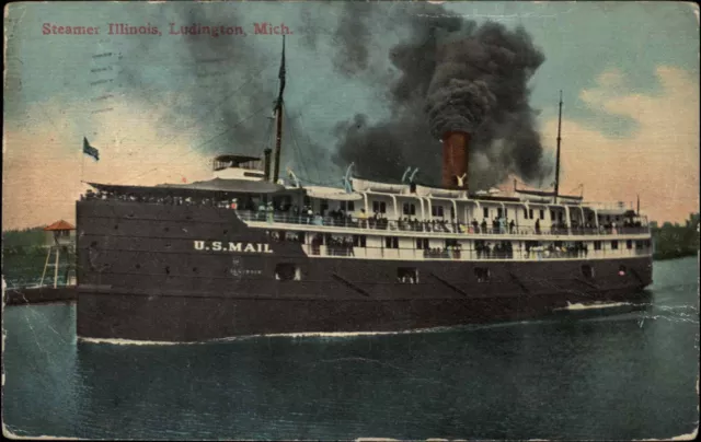 Ludington Michigan MI Steamer Illinois U.S. Mail Ship c1910 Vintage Postcard