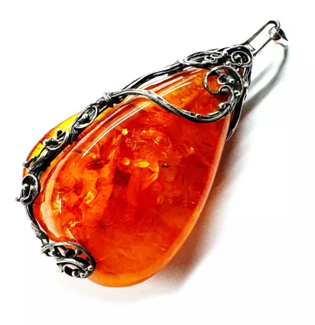 925 Sterling Silver Dark Cognac Genuine Baltic Amber Large Designer Leaf Pendant