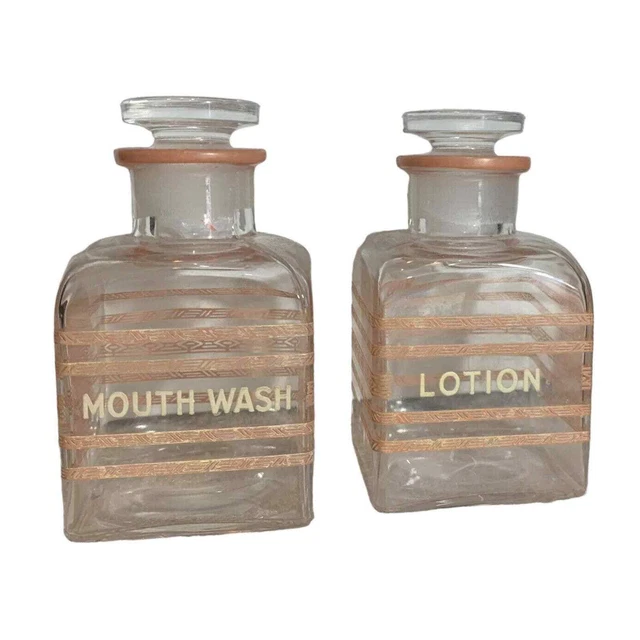 Antique Apothecary Jar Bottles Set Of 2 Cotton Pink Mouthwash Cotton Vtg Glass