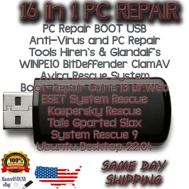 PC Repair BOOT USB With 16 Anti-Virus and PC Repair Tools Hiren`s & Glandafs USA