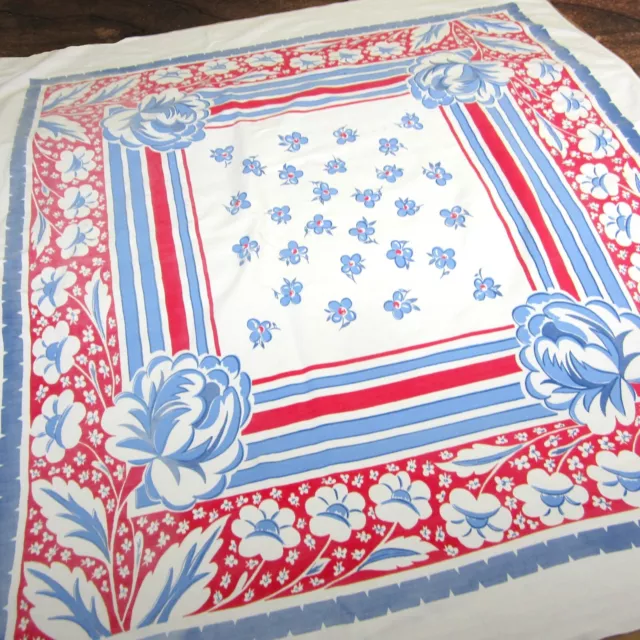 Vintage Tablecloth Floral Cotton 40s 50s Mid Century Retro Red Blue 47 x 54