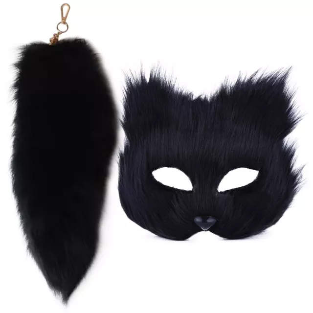 Therian Cat Half Face Mask & 16'' Fox Tail Keychain Set for Cosplay Fancy Party