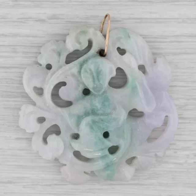 Figural Carved Green Jadeite Jade Pendant 14k Gold Medallion Asian Jewelry