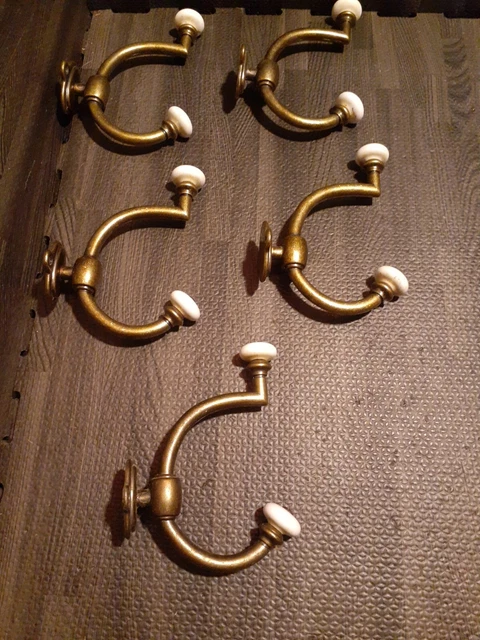 Brass Double Front Mount Coat Hat Hook Porcelain Knobs old  vintage Lot Of 5