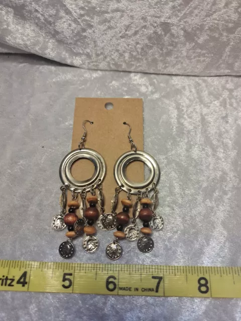 Vintage 80s pierced earrings silver tone tiny coins wood bead dangles