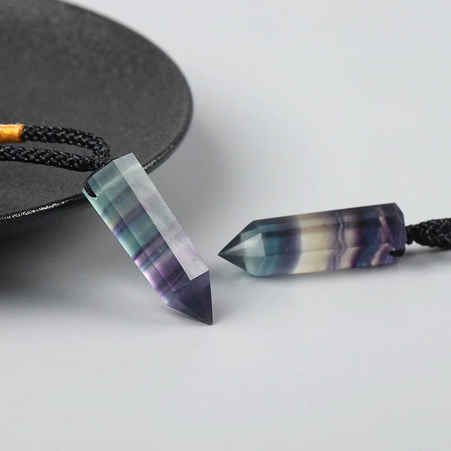 Natural Rainbow Fluorite Stone Pendant Quartz Crystal Point Wand Necklace Chakra