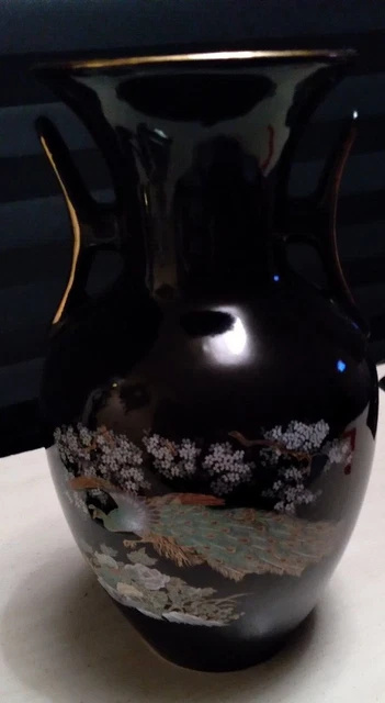 Vintage Porcelain Double Handled Asian Style Vase with Peacock Design
