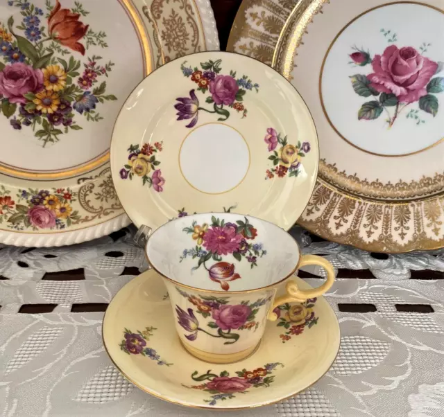 Rare Vintage Aynsley Bone China England Yellow & Floral Pattern Trio C1930'S