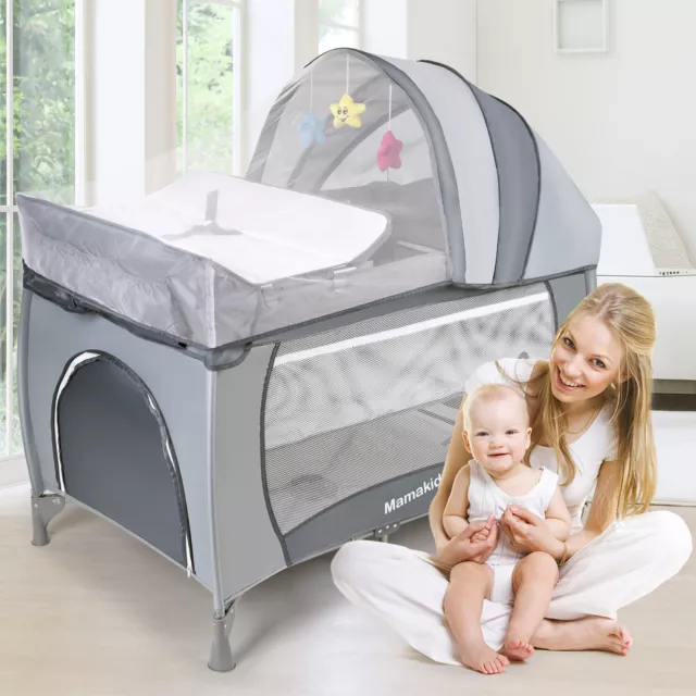 2 in 1 Baby Cot with Mattress and Toys Portable&Foldable Newborn Nursery Center