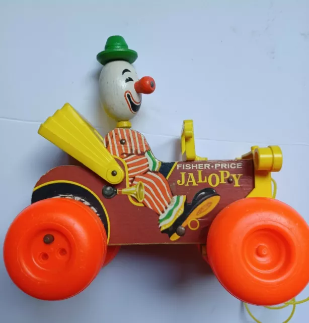 Vintage Fisher Price “Jalopy” 1965 Pull Toy Clown Car Bobble Head Classic Toy