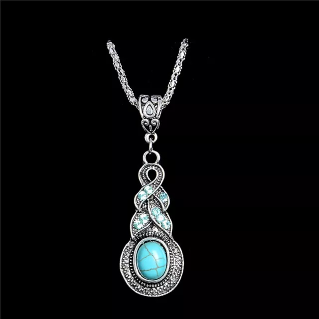Boho Women Silver Feather Turquoise Pendant Multi-layer Necklace Vintage Jewelry