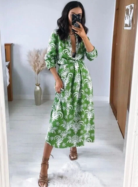 ZARA GREEN WHITE Floral Print Lilou Midi Shirt Dress 5216/046 size M 12  Summer 34.99 - PicClick UK