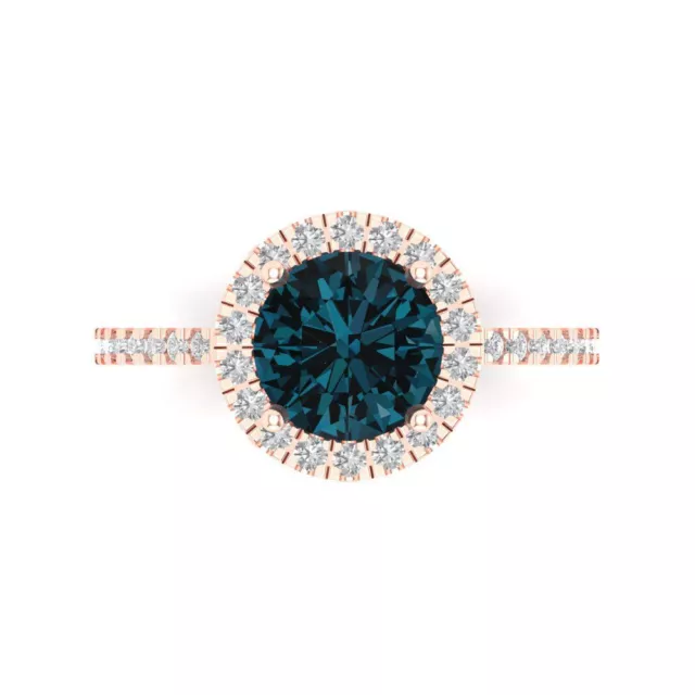 1.8ct Round Cut halo London Blue Topaz Promise Bridal Wedding Ring 14k Rose Gold