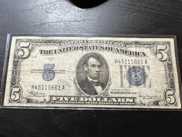 1934 A $5 Five Dollar Silver Certificate Blue Seal Note H45115661A