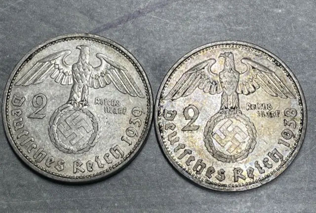 (lot of 2)  Germany  2 Reichsmark Hindenburg Silver Coins  1938, 1939 (FG602)