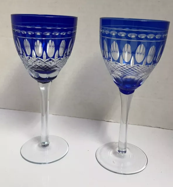 Cobalt Blue Cut To Clear Wine Glasses Goblets Bohemian Set of 2.