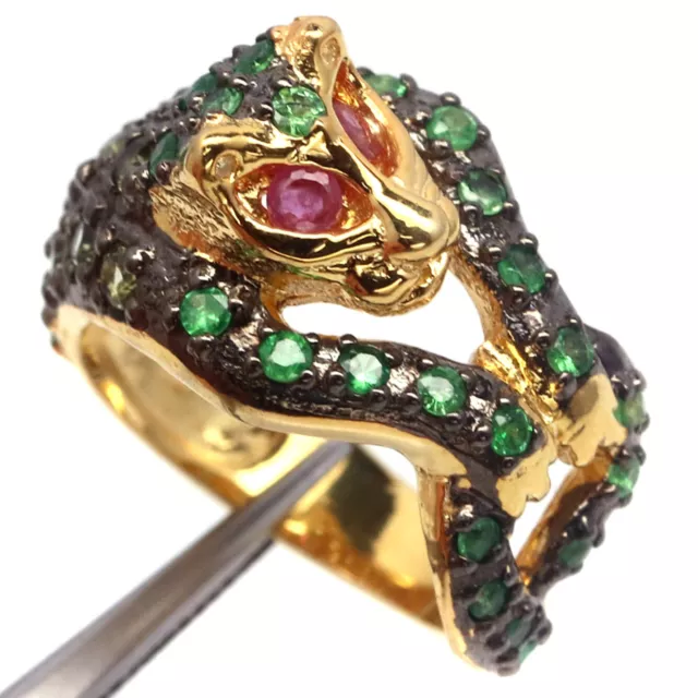 Non Chauffé Vert Tsavorite Grenade, Péridot & Rubis Bijoux Bague 925 Taille 7.5