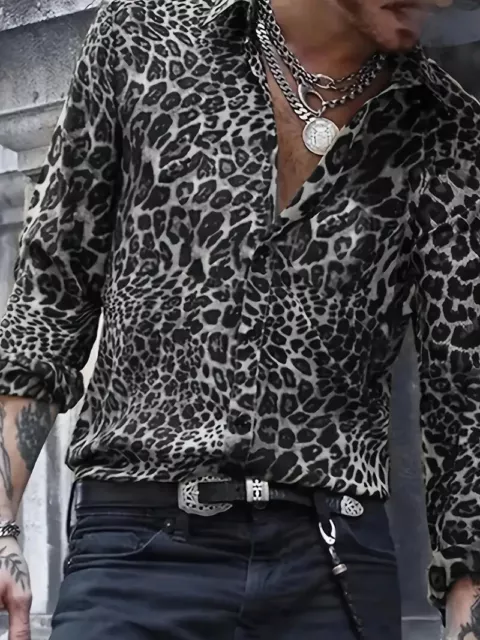Button Up Shirt Leopard Graphic Print Mens White Black Long Sleeve Fashion Party