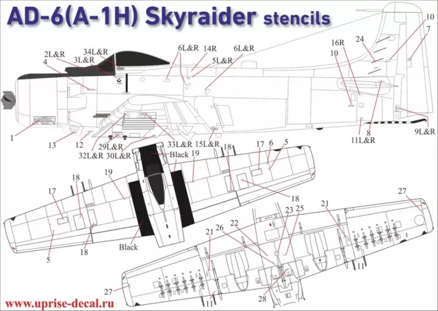 1:48 Decal Douglas A-1H Skyraider stencils (black) UpRise Decal UR48150