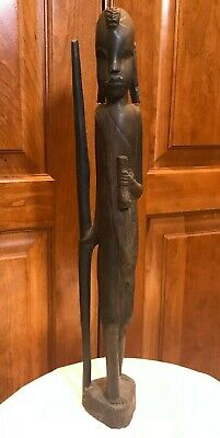 Great African Tribal Art Hand Carved Heavy Wood Figure 16"x 3" Man Long Stick