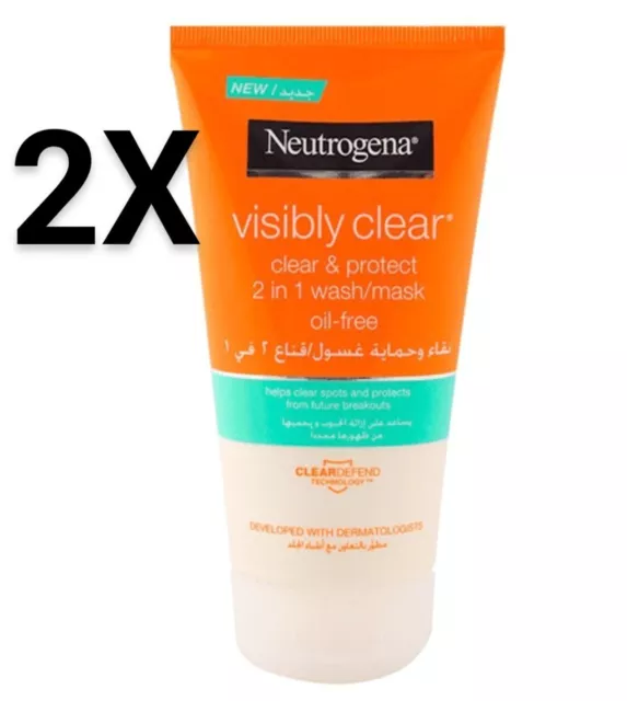 2 x Neutrogena sichtbar klar 2 in 1 Wasch-/Maske ölfrei 150ml Tube x2 frei P&P