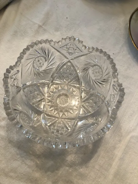 Antique American Brilliant Deep Cut Glass Crystal ABP 8" Sawtooth Bowl Star Fan