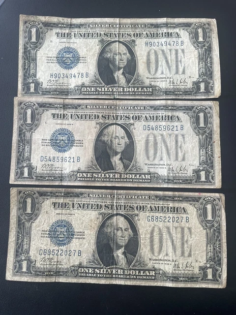 1928 $1 BLUE Seal SILVER Certificate **FUNNY BACK** Old US Paper Money. Lot of 3