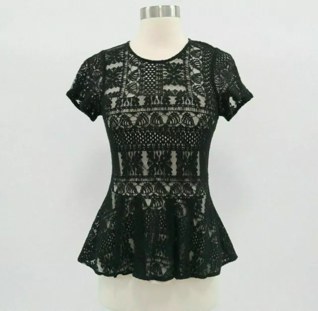 Parker Peplum Top Blouse Womens S Small Black Floral Lace Overlay Zippered Back