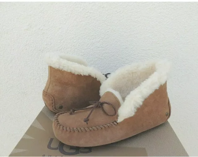 Ugg Alena Chestnut Suede Sheepskin Cuff Moccasain Slippers Womens Us Size 5-8