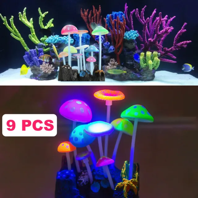 9 Pack Faux Mushroom Glow Effect Plant Aquarium Decorative Fish Tank Decorations