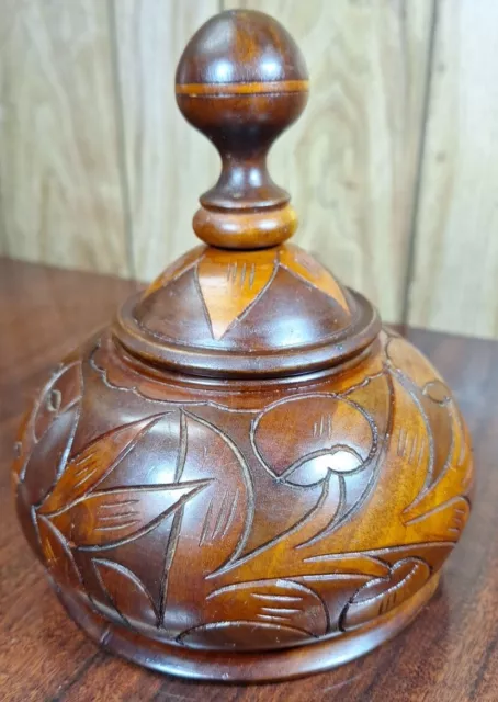 Hand Carved Round Two Tone Wooden Bowl with Lid Trinket Box Leaf Design Plant